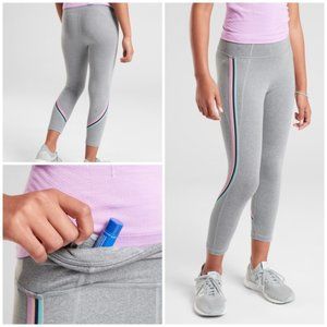 Athleta Girl High Energy Capri Leggings, Gray Heather Stripes, Size XL/14